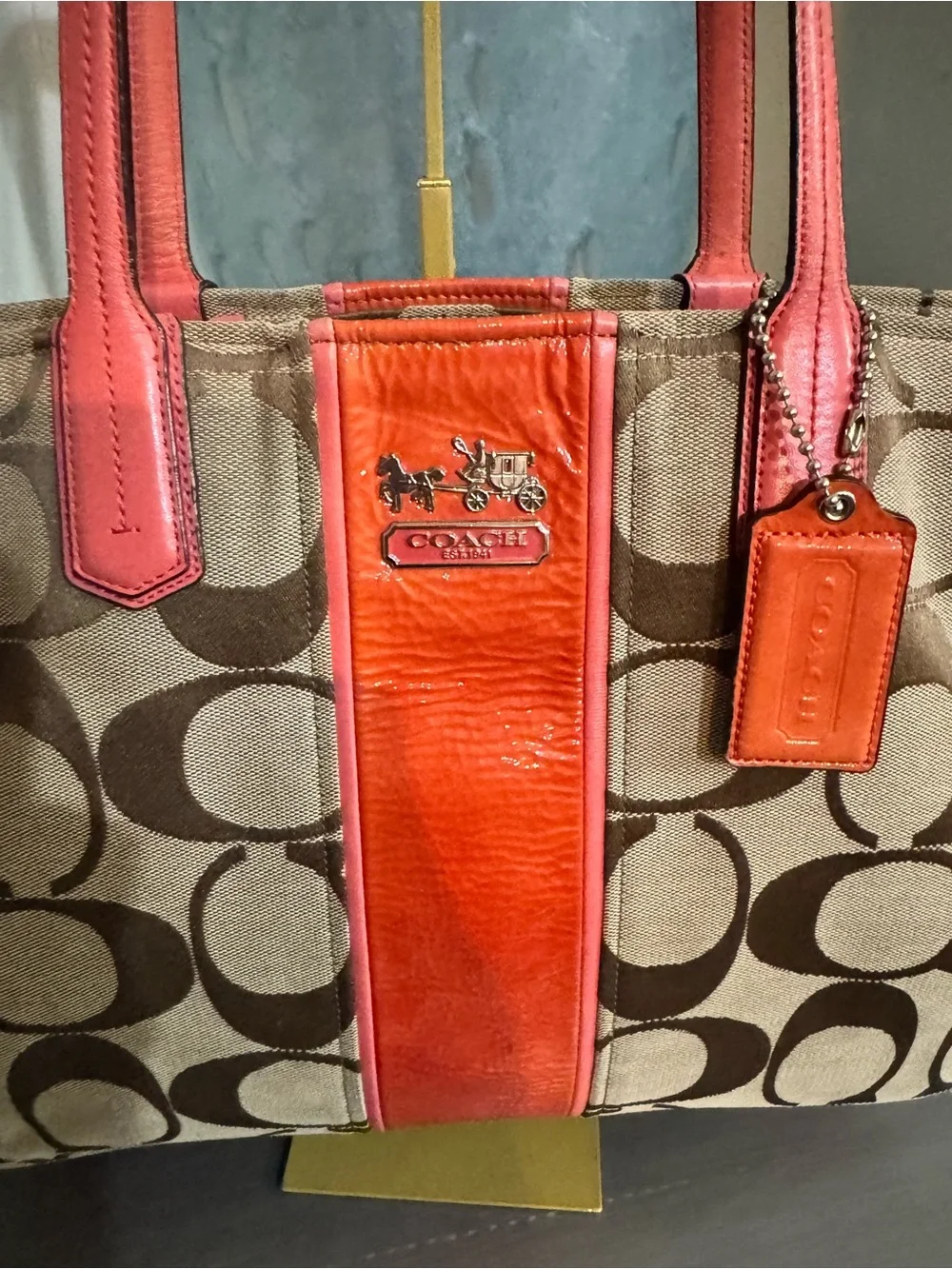 Coach Chelsea Signature Stripe Charlie Tote (model 18967) orange / tan GUC